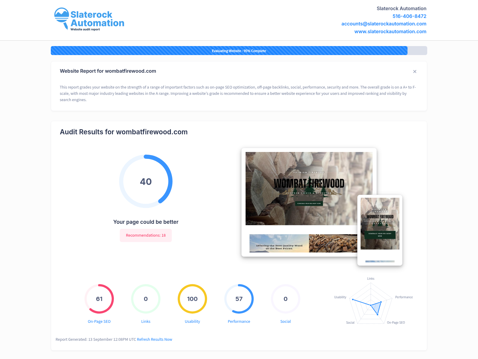 Screenshot of Wombat Firewood's website audit showing high performance and reliability metrics.